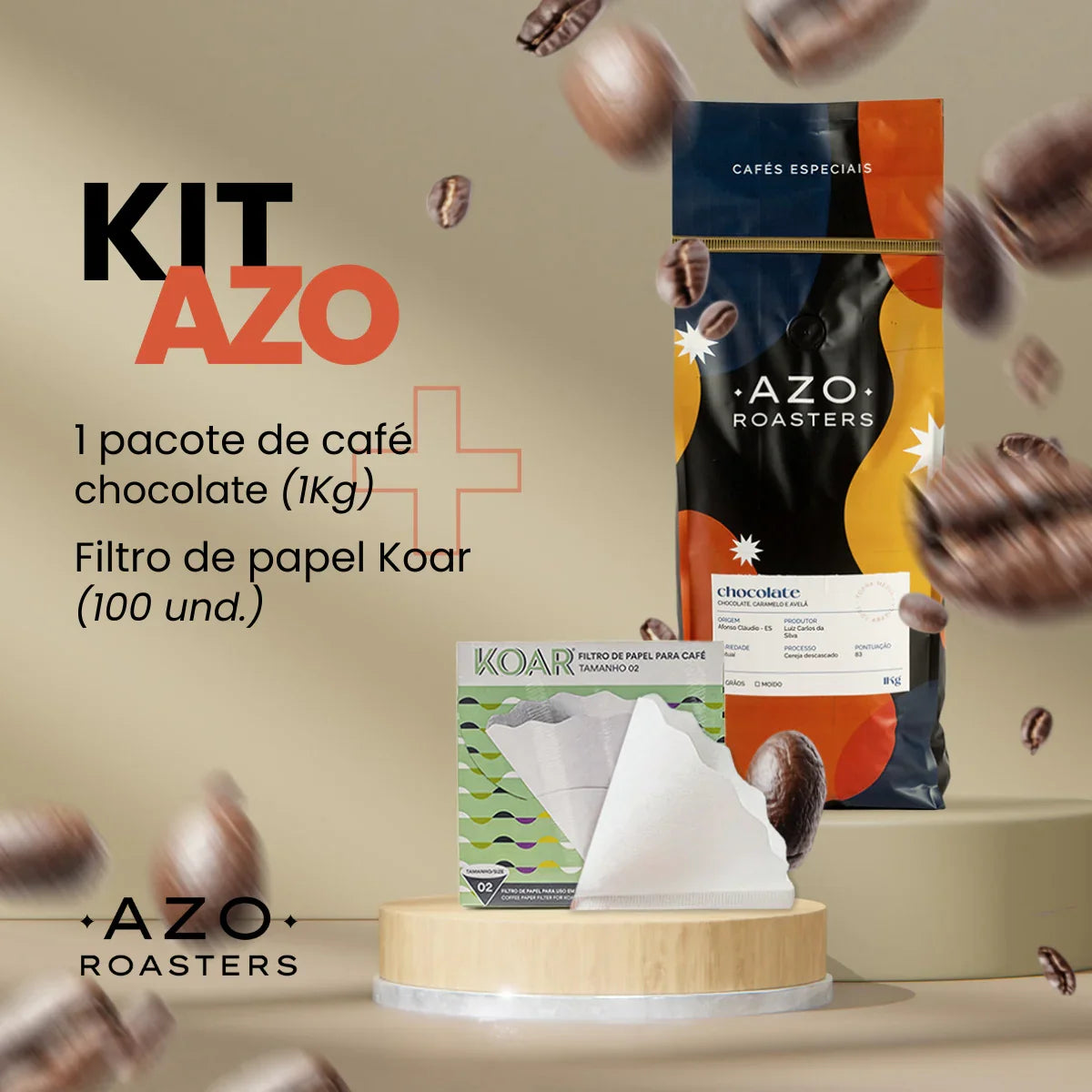 Kit Azo com pacote café chocolate 1kg e filtro de papel Koar 100 unidades, grãos de café voando